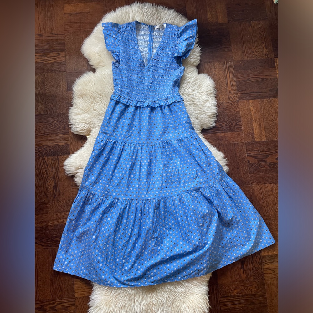 Sea New York Pascala Print Floral Smocked Tiered Midi Dress size 8 derby dress